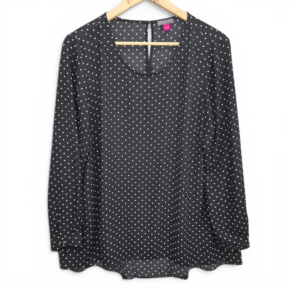 Vince Camuto Top Womens Large Black‎ Polka Dot Sheer Blouse Keyhole Button